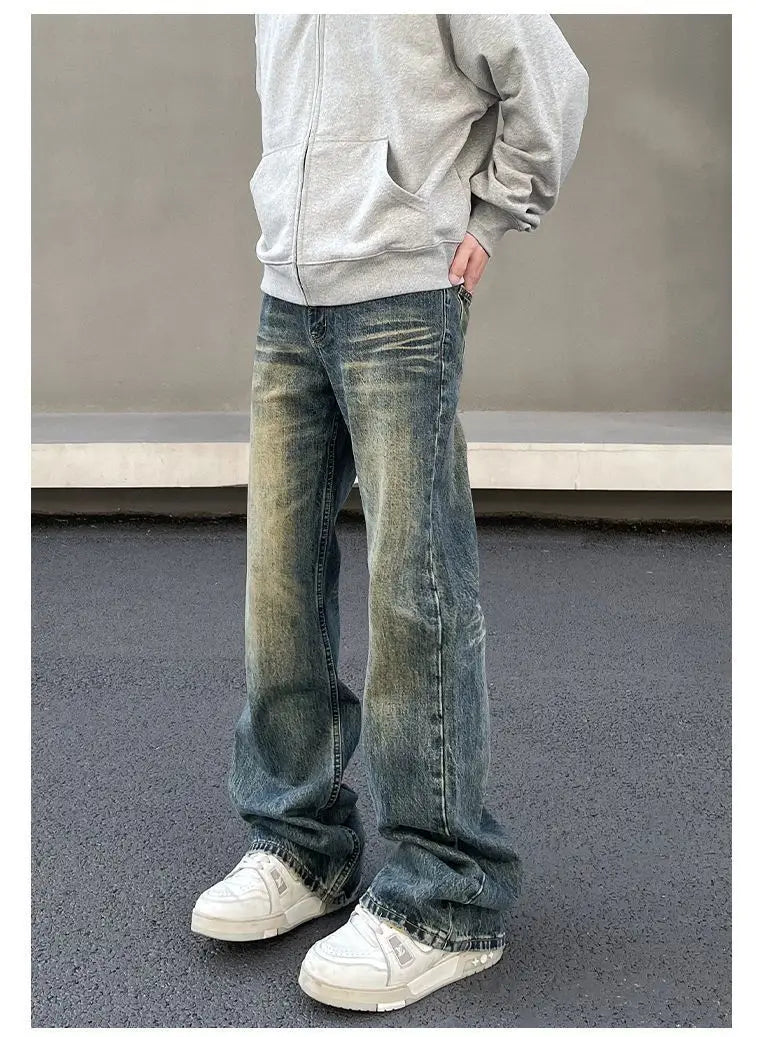 Mens Vintage Washed Distressed Loose Flare Denim Jeans
