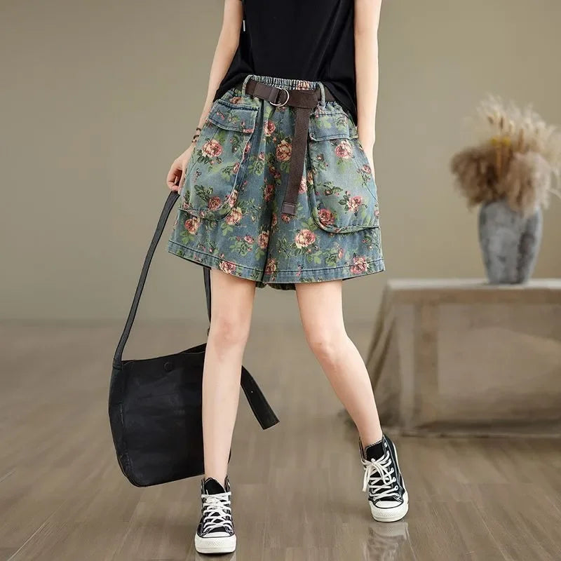 Retro Floral Printed Denim Wide-leg Shorts Women Summer Latest Fashion Baggy Big Size Girl Thin Elastic Waist Jean Short Pants
