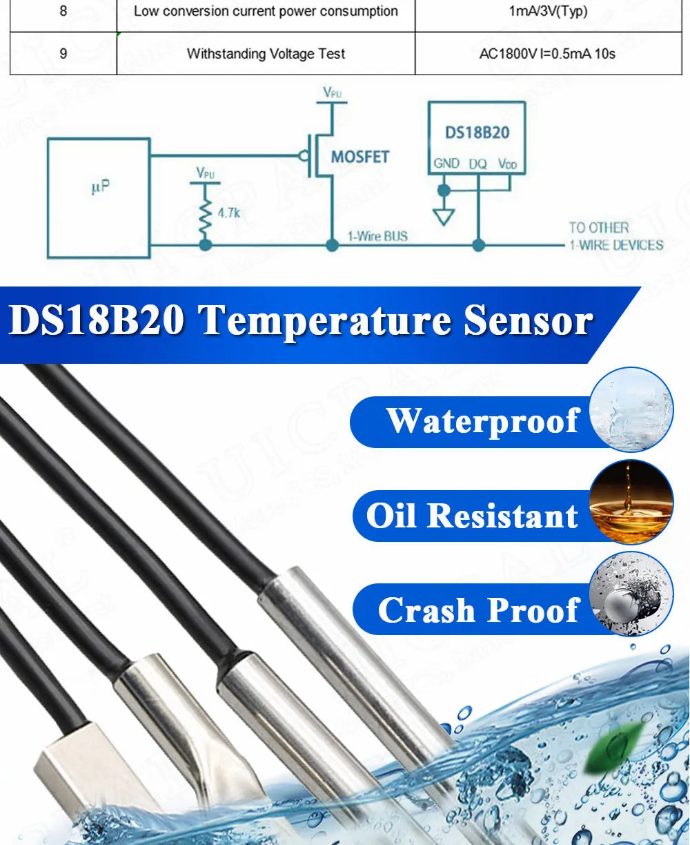 DS18B20 Temperature Sensor Waterproof Dustproof Sensors Cable 1M Length Probe 304 Stainless Steel 6*30MM OD 3.0MM