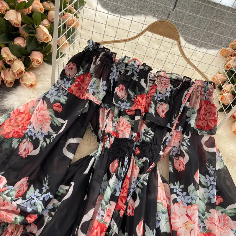 2025 New Retro Summer Beach Vacation Dress Women Sexy Strapless Lantern Sleeve Sweet Floral Jumpsuit Short Chiffon Print Dresses