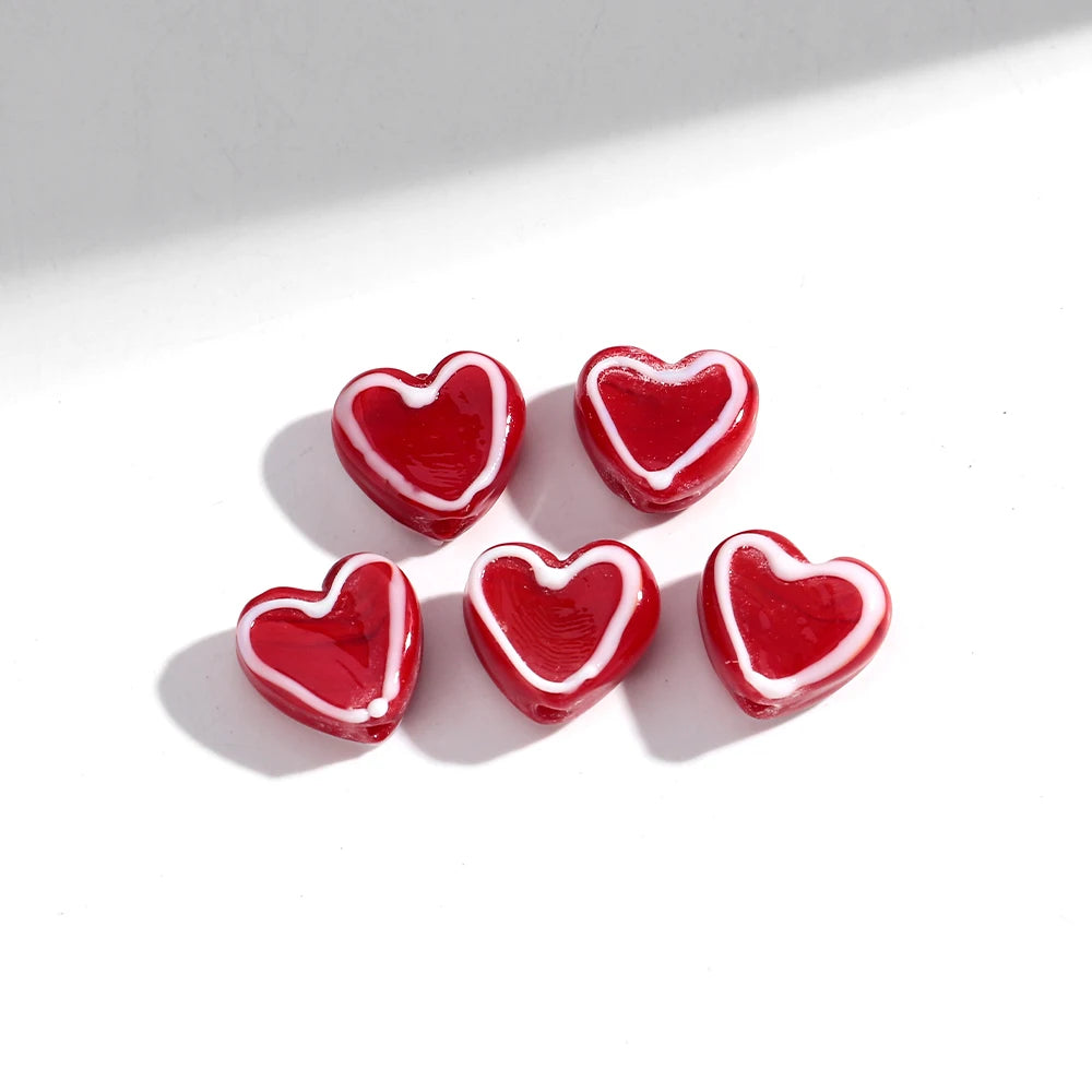 5Pcs Red Heart Lampwork Glass Beads Charm Dot Love Peach Loose Bead for DIY Craft Jewelry Making Necklace Bracelet Accessories