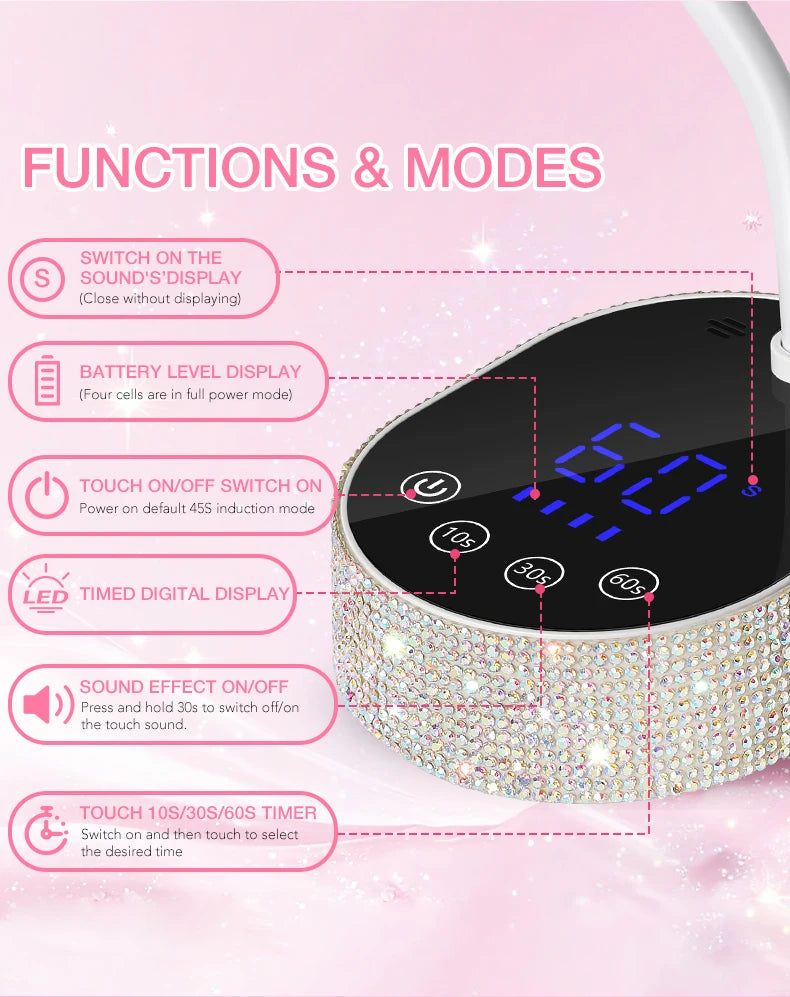 Wireless UV LED Nail Lamp 36W Rechargeable Mini Gel Dryer with Auto Sensor Timer and 360° Rotating Neck for Manicure on the Go