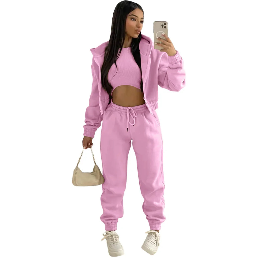 custom women's clothing plain winter hoodie joggers pants 3 piece pants set training wear womens sweatpants and hoodie sets