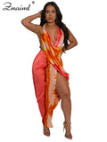 Znaiml Sexy Beach Vacation Deep V-neck Bead Halter Sleeveless Backless Dress Women Fashion High Split Printed Night Club Robe