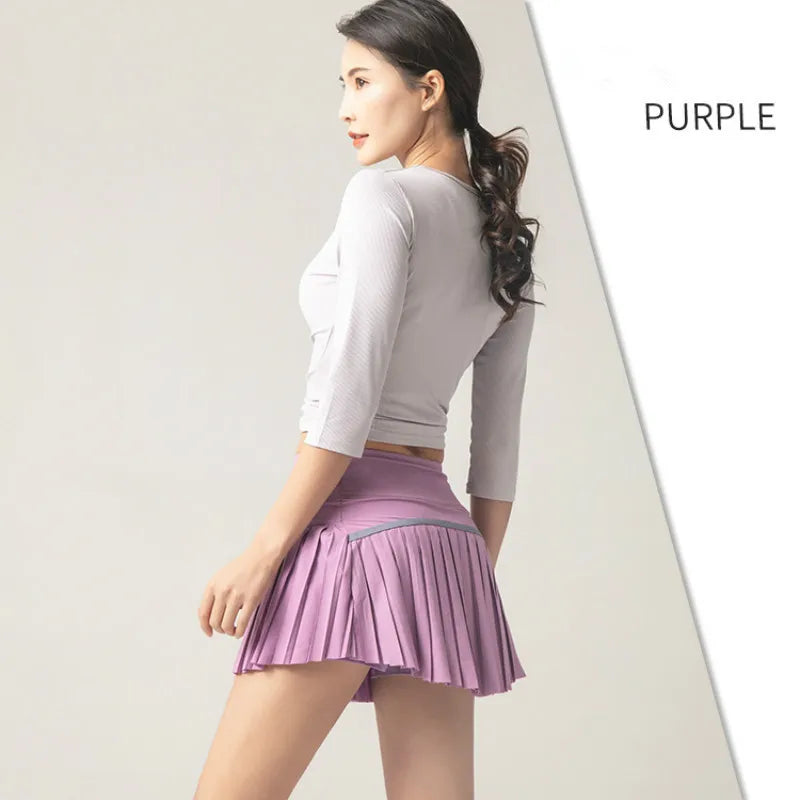 Summer Women Sports Anti Exposure Pleated Golf Tennis Skirts Fitness High Waist Elastic Athletic Run Shorts With Pocket