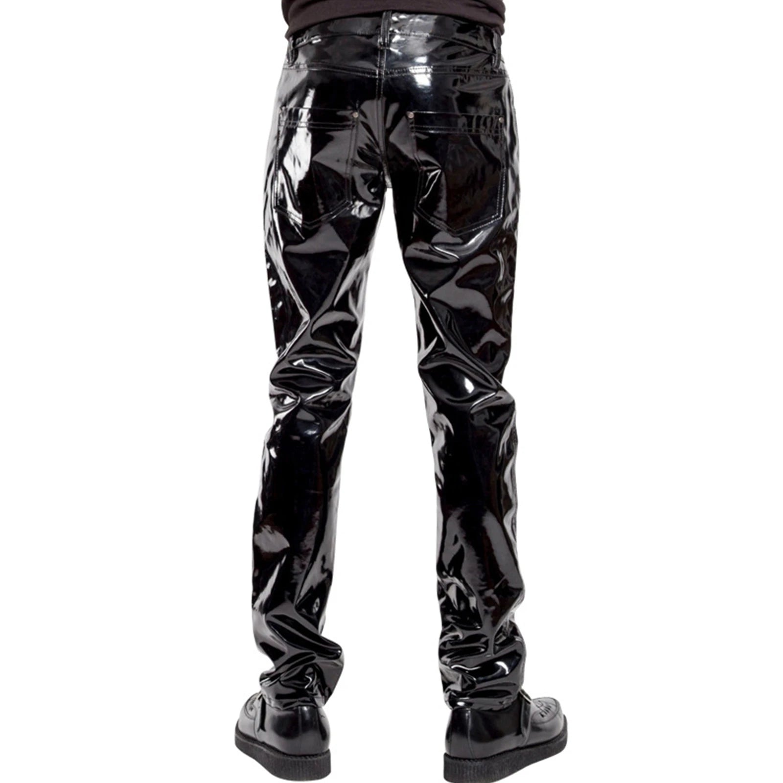 Men Latex Leather Pants Low Waist Faux Leather Shiny Pants Fashion Tight Trousers for Club Stage Show Rock Band Performance