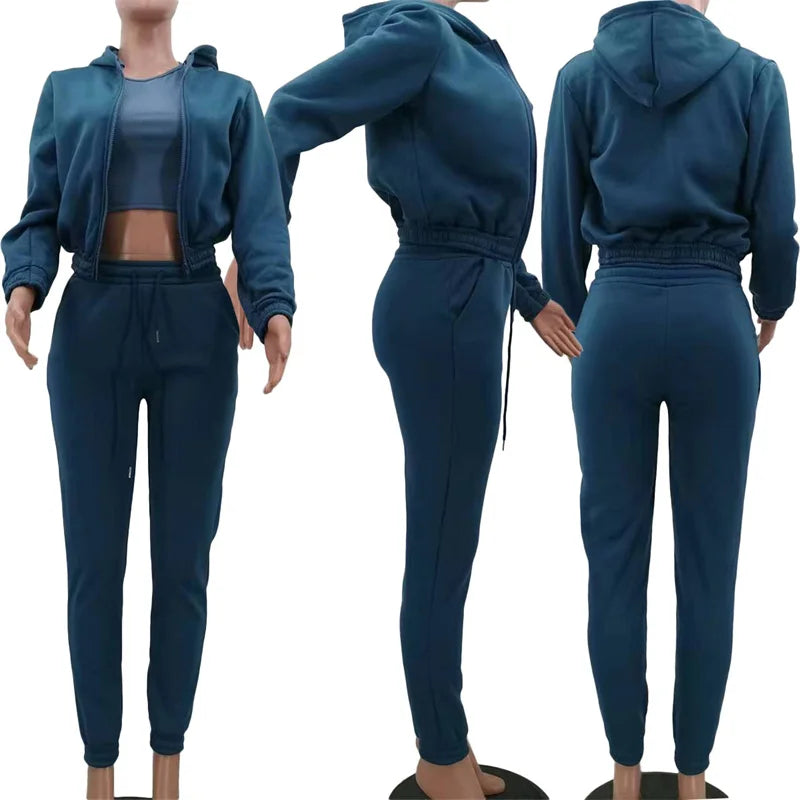 Active Wear 3 Piece Sets Womens Outfits Tracksuit Hooded Jacket Top + Vest + Sweatpants Sporty Suit Fitness Casual Matching Sets