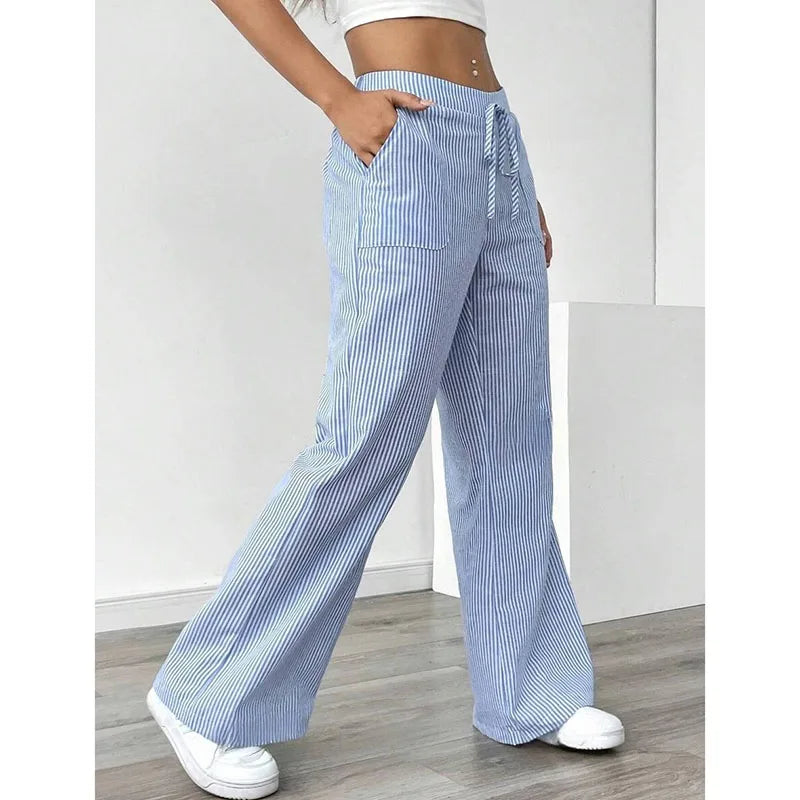 American Style Retro Vertical Stripe Drawstring Wide Leg Pants High Waist Dipping Loose Straight Casual Pants