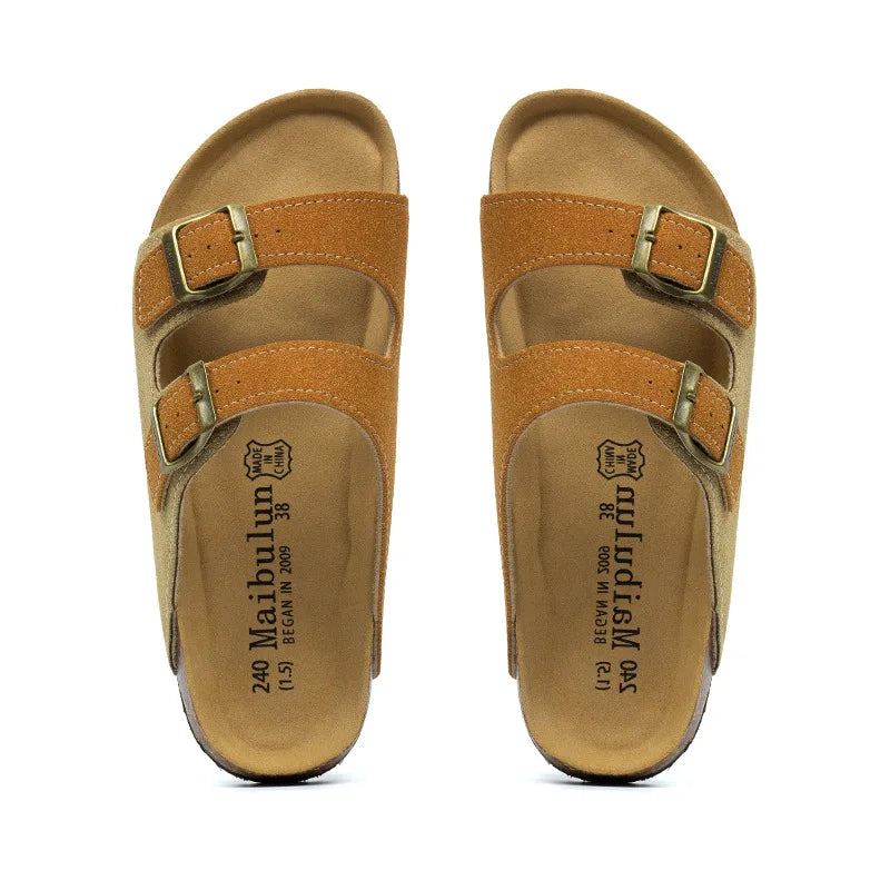 Nubuck Women Cork Slippers Summer Mule Clogs Flats Sandals Slides Casual Beach Couple Double Buckle Soft Shoes Footwear Big Size