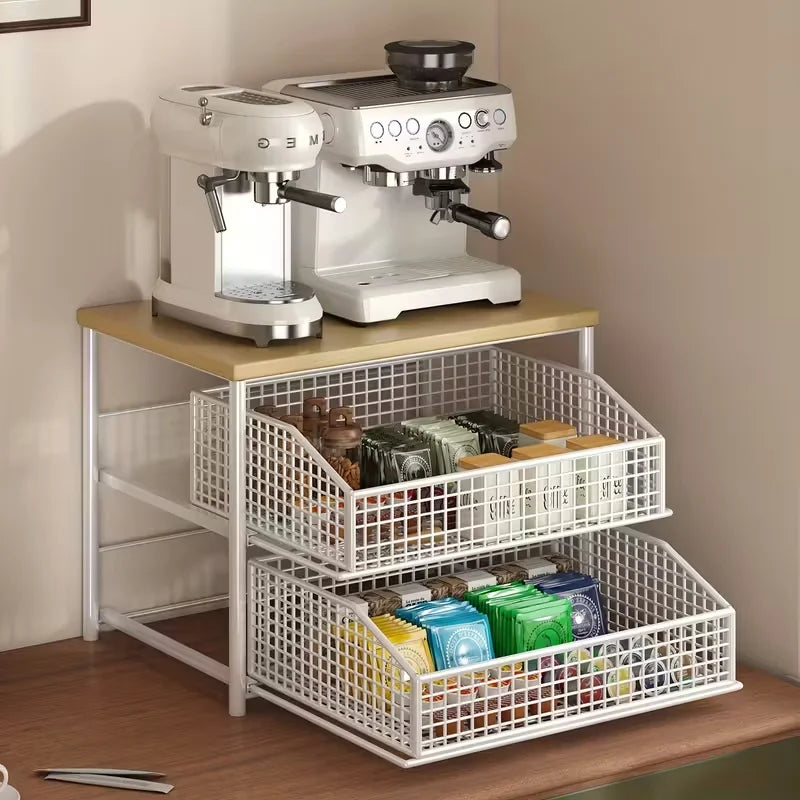 1pc Space-Saving Kitchen Countertop Organizer with Drawer and Metal Basket - Sturdy Solid Wood and Metal Multi-Layer Storage
