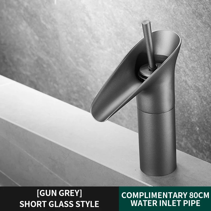 Bathroom Basin Faucet Sink Mixer Gun Grey Color Hot Cold Water Mixer Deak Mounted Waterfall Style Copper Sink Taps FR651