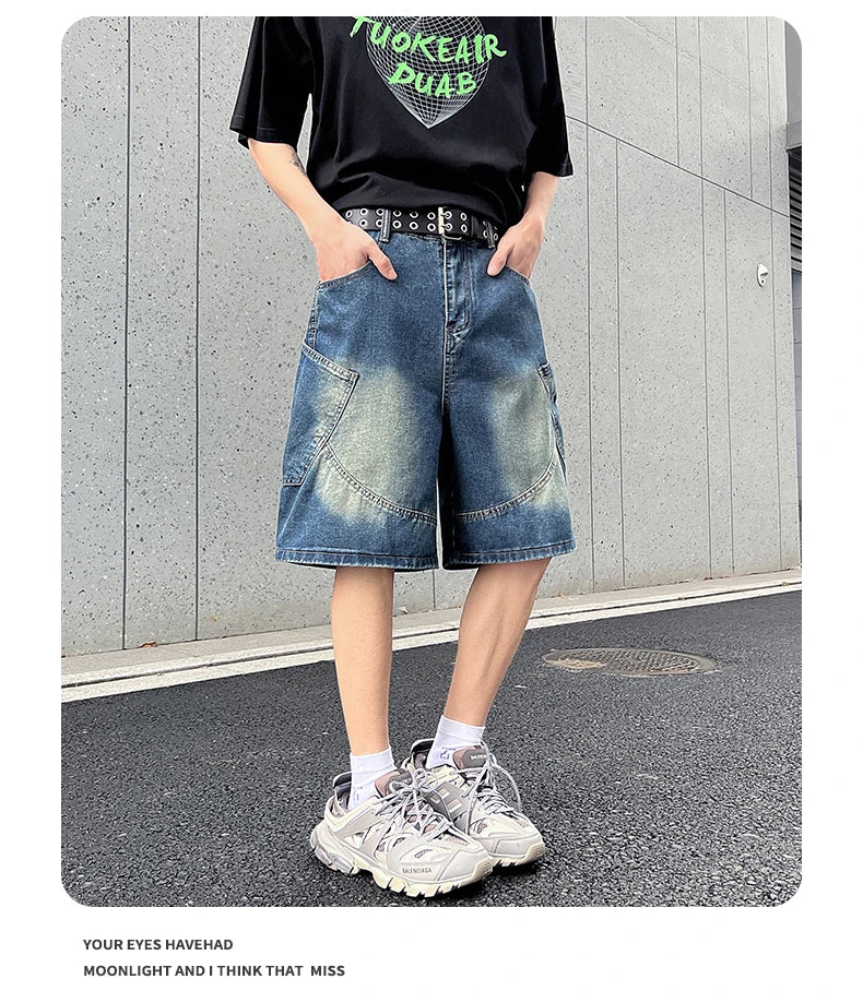 2026 Summer New Baggy Denim Shorts Fashion Casual Straight Harajuku Jeans Male Vintage Wash Drawstring Short Pants Streetwear