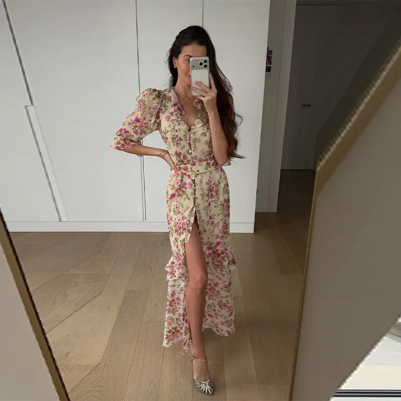 Sexy Print Women Long Dress Urban V-neck Single Breasted Ruffles Half Sleeve Female Dresses 2026 Spring Autumn Lady Robe