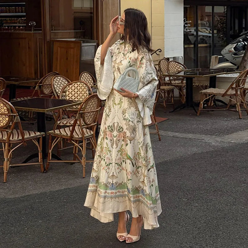 Elegant Women's Printed Long Dresses Loose O-neck Flared Half Sleeve Big Hem Wide Female Dresses 2026 Summer Lady HolidayRobes