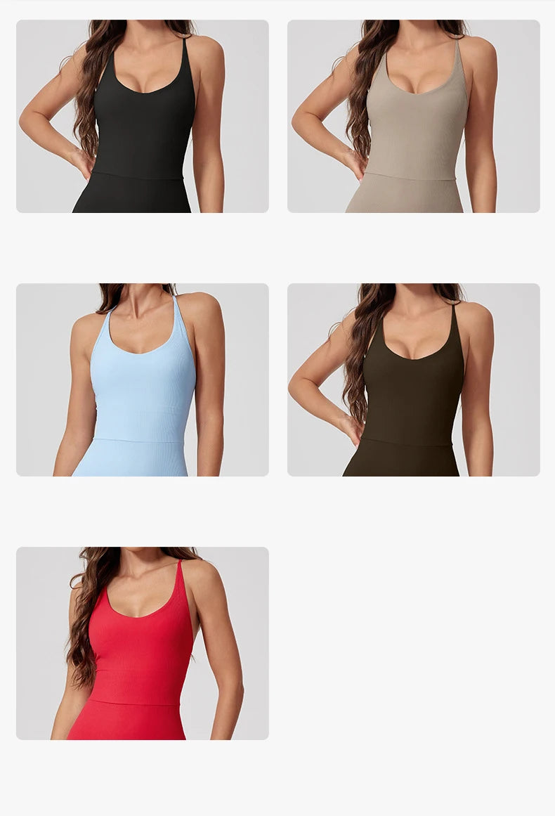 Women Thread Yoga Jumpsuit Sleeveless Gym Tracksuits Flared Overalls Workout Bodysuits Sportswear Female Sports One-Piece Outfit