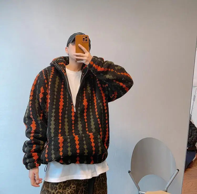 Retro Vertical Striped Autumn Winter Oversized Hooded Overcoat Men's Warm Velvet Loose Casual Half-zip Jackets Male Clothes