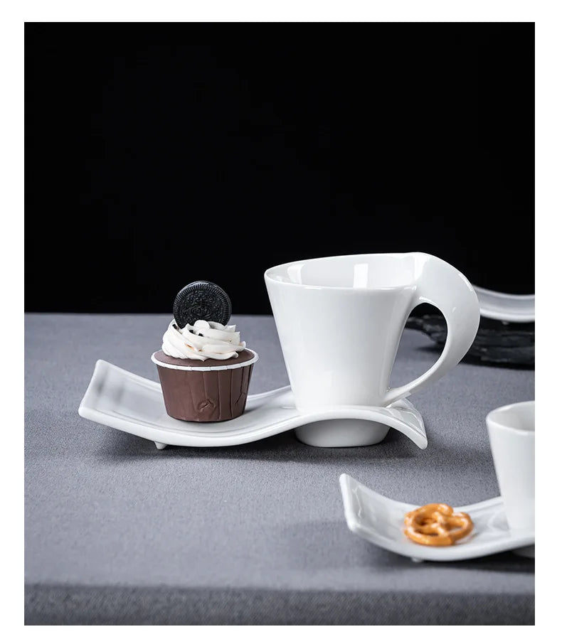 European Ceramic CoffeeCups Set with Wave Shape Plate 80 100 180 and 280ml Modern Minimalist White Cappuccino Latte Dessert Dish