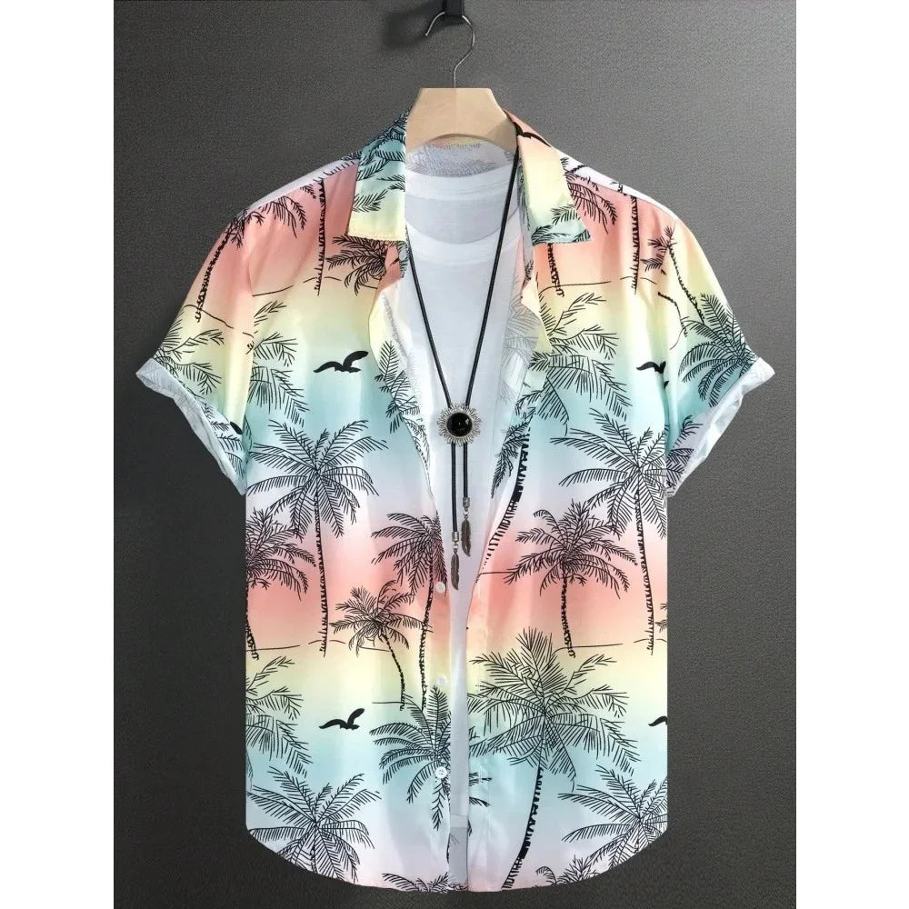 Cat Cartoon Print Shirt] Plus Size 3D Digital Print Cartoon Fun Men's Short Sleeve Button Shirt Fashion Hawaiian Vacation Shirt