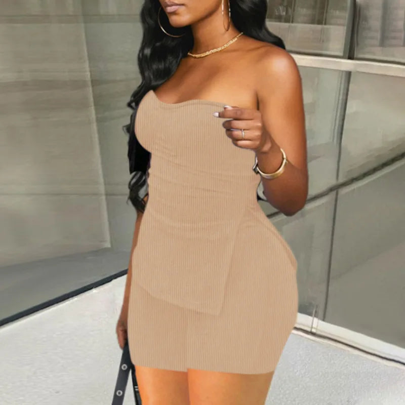 Sexy Solid Slim Suit For Women Fashion Strapless Side Split Top Elastic Waist Package Hip Shorts Two Piece Set 2026 Summer New