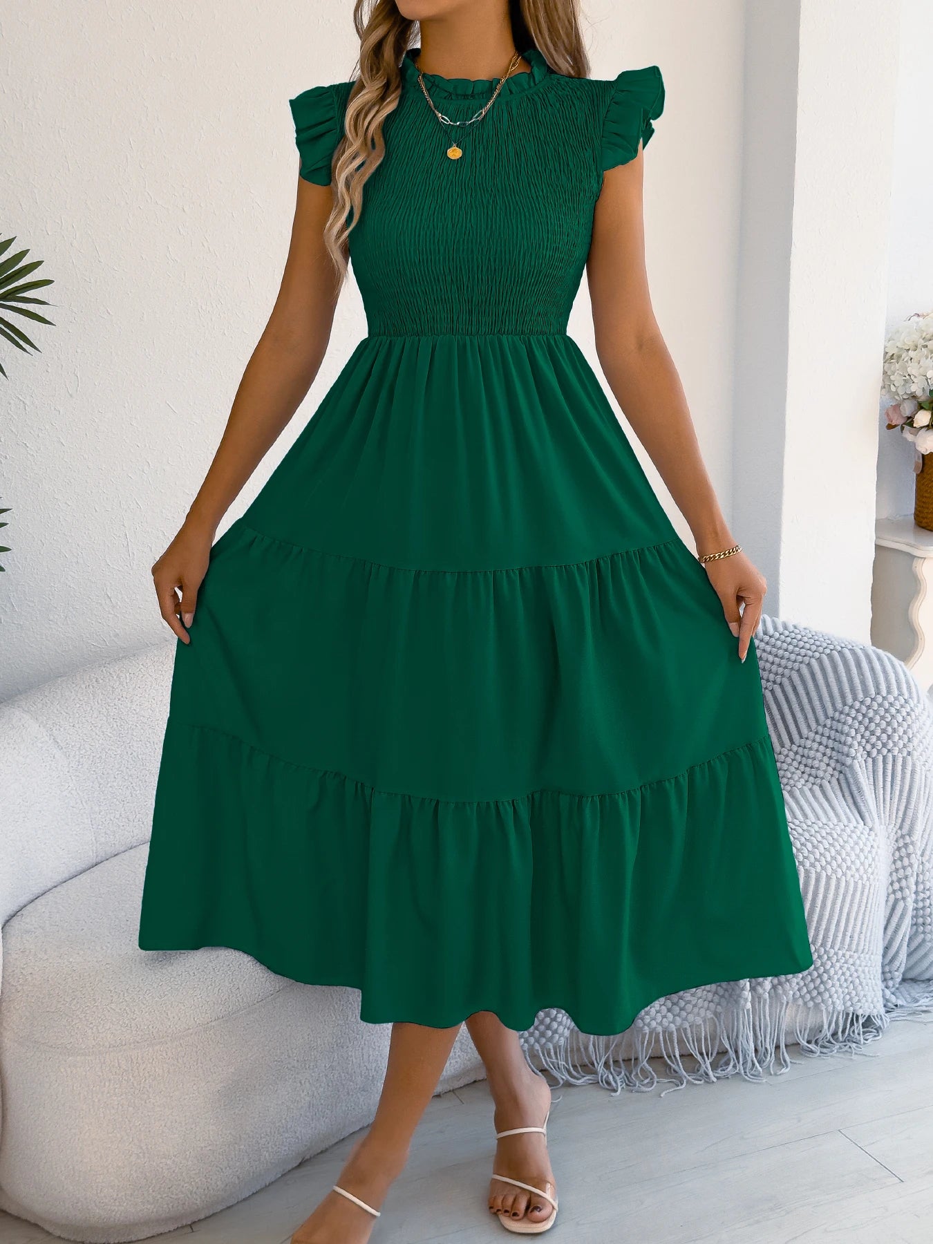 Spring Summer Elegant Ruffled Dresses for Women 2026 Casual Vacation Solid Color Round Neck Sleeveless Long Dress Blue Green