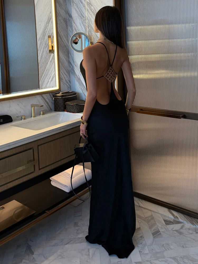 Nibber Sleeveless Halter Satin Dress Women Metal Buckle Elegant Patchwork Fashion Classic Evening Party Backless Long Bodycon