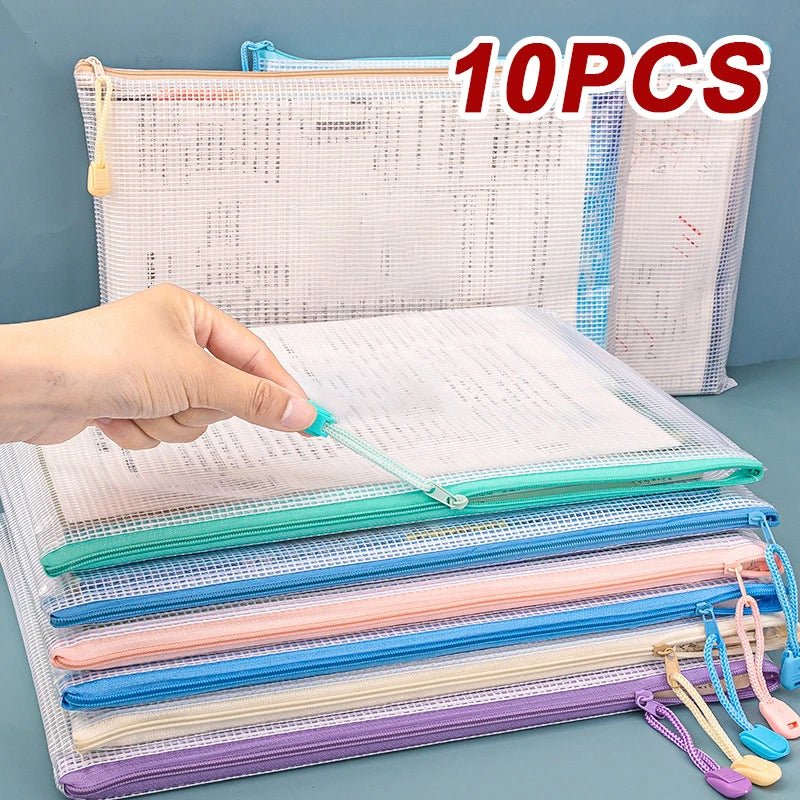 10Pcs Mesh Zipper Pouch Document Bag Waterproof Zip File Folders A4 A5 Size Office School Supplies Storage