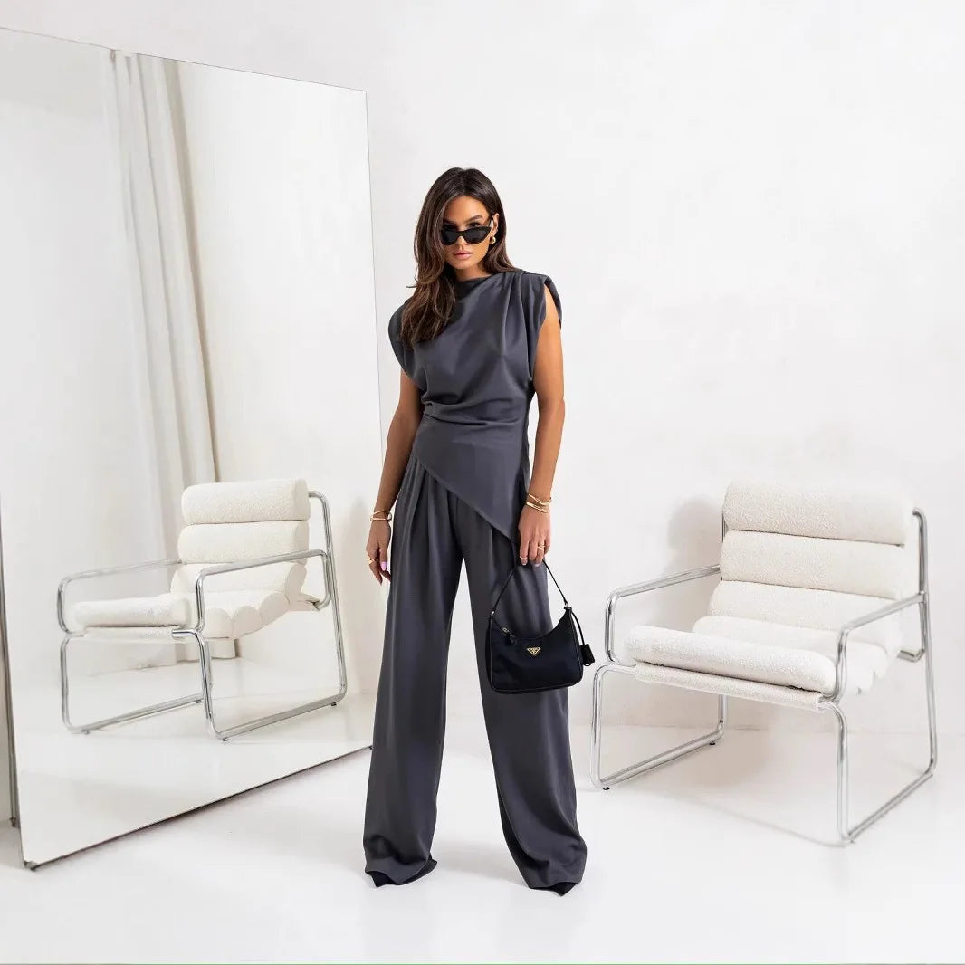 Two Piece Set For Women Short Sleeve Asymmetrical Top Wide Leg Pants Loose Fit Casual Autumn Winter Suit