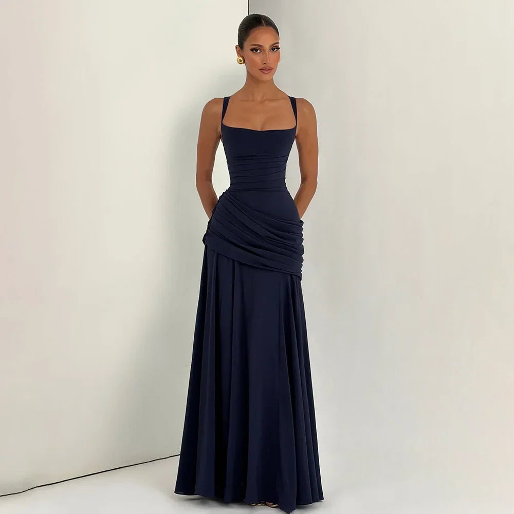 Elegant Solid Pleated Sling Dress Women Sexy Square Neck Sleeveless High Waist Slim Maxi Dresses 2026 Lady Party Evening Robe