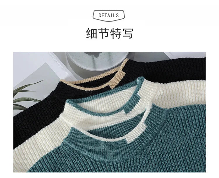 New Men's Mock Neck Knitted Sweaters Fashion Patchwork Knitting Pullovers Autumn Winter Daily Casual Warm Pullover Sweaters Male