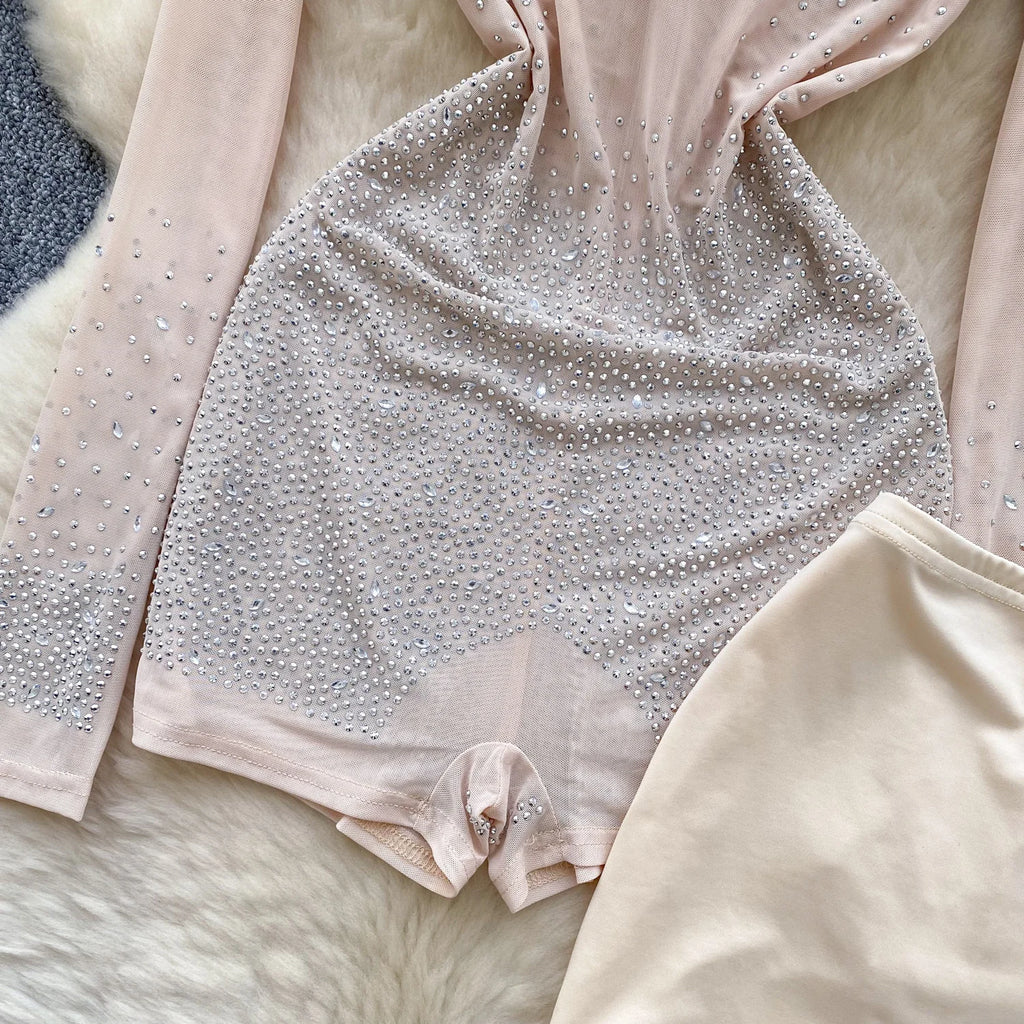 SINGREINY Summer Thin Sheer Sexy Bodysuit Long Sleeve Zipper With Shorts Design Rompers Beadings Streetwear Women Mesh Playsuits