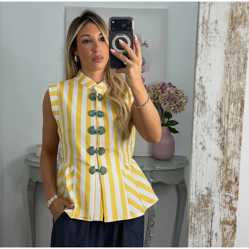 Striped Mandarin Collar Frog Button Ruffle Trim Top Striped Single‑breasted 2026 Summer Women Blouse Versatile Casual Lady Top