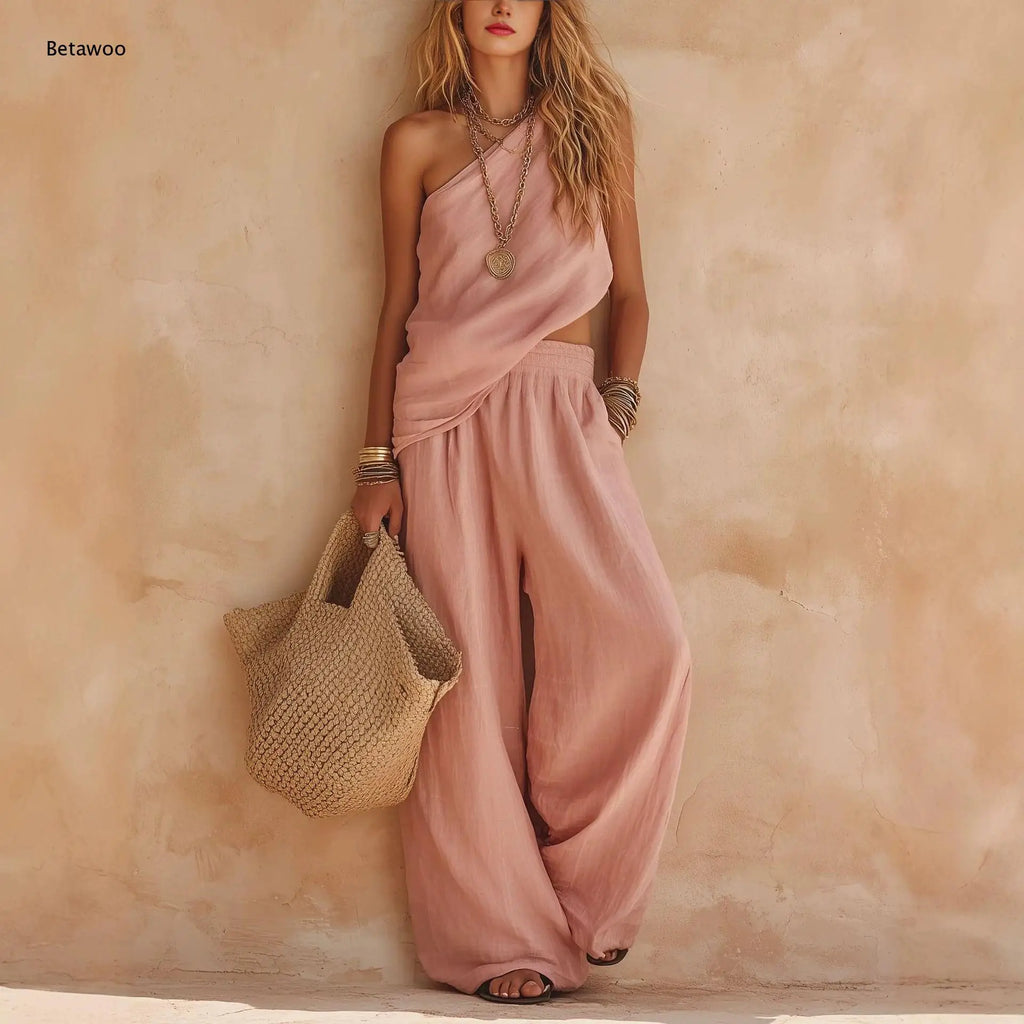 Women One Shoulder Sleeveless Top and Elastic Waist Wide Leg Pants Set Loose Casual Ladies Two Piece Outfit