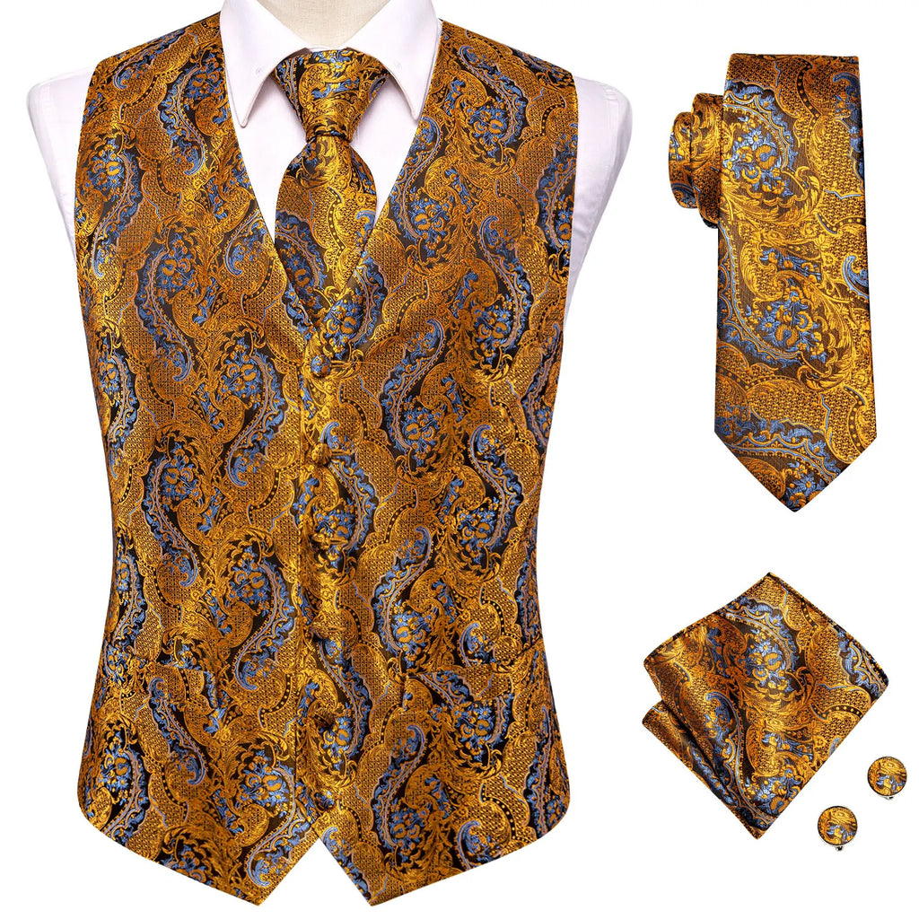 Hi-Tie Silk Mens Waistcoat Tie Set Gold Brown Orange Beige Ivory Khaki Bronze Sleeveless Jacket Suit Vest Necktie Hanky Cufflink