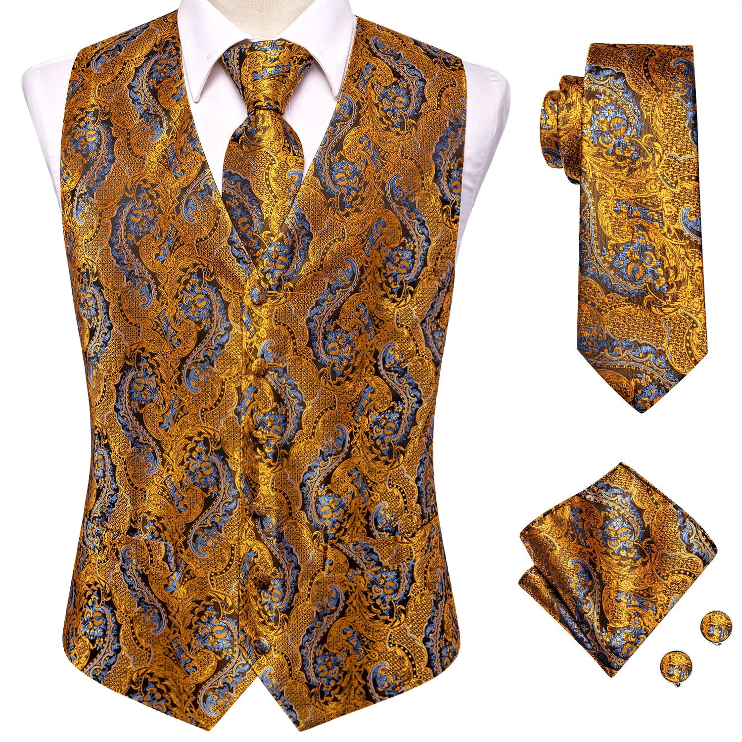 Hi-Tie Silk Mens Waistcoat Tie Set Gold Brown Orange Beige Ivory Khaki Bronze Sleeveless Jacket Suit Vest Necktie Hanky Cufflink