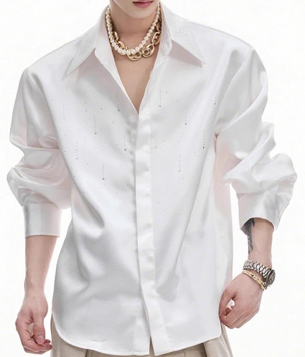 Men's Satin Rhinestone Shiny Long Sleeve Shirts 2025 Spring Autumn New High-end Loose Comfort Shirts Trendy Diamond Chic Jackets