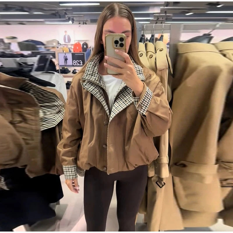 Elegant Plaid Patchwork Women's Jacket Loose Full Sleeve Stand Collar Single Breasted Outwear Female 2026 Fashion Autumn Outwear