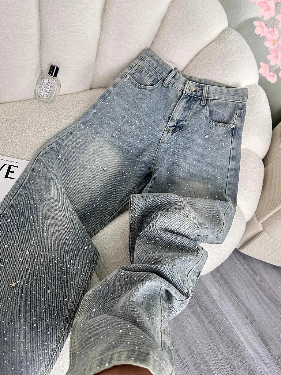 High Waist Shiny Sequin Star Design Casual Wide Leg Jeans Women's Light Blue Slimming Slim Fit Denim Pants Fashionable Versatile