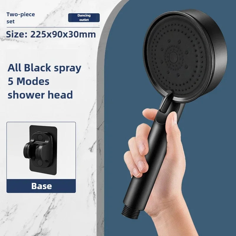 High-Pressure Handheld Shower Head with Stand and Hose - 5 Adjustable Water Flow Modes, Round Plastic Bathroom Accessory