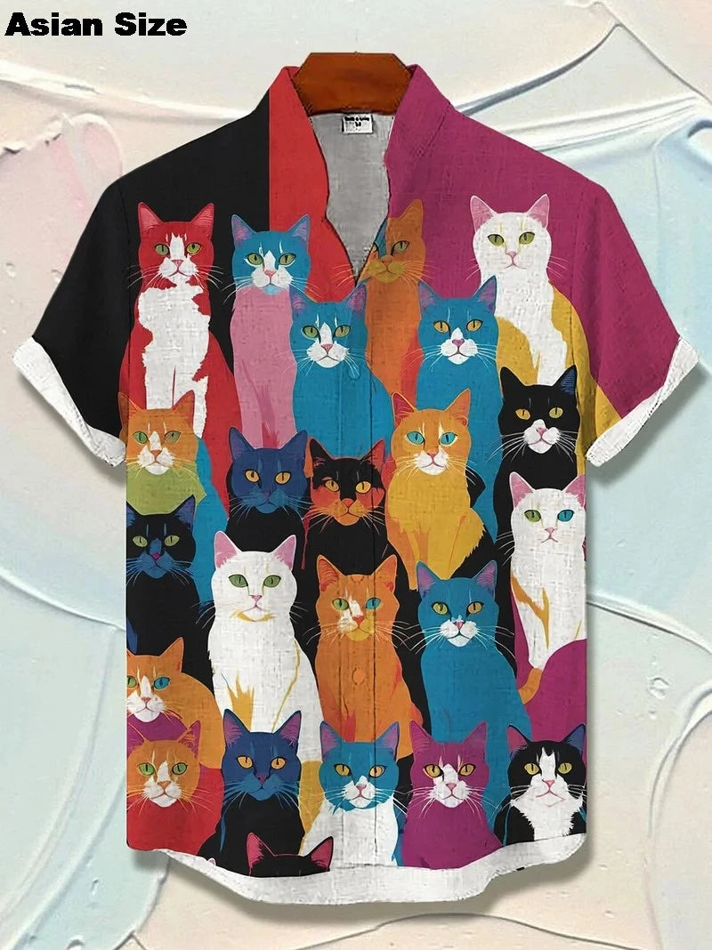 2025 Men's Cat Graphic Shirt Short Sleeve Klemph Type Funny Holiday Casual Hawaii Shirt Tops
