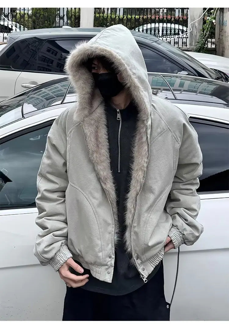 American Retro Lamb Fleece Cotton Jacket Winter Thickened Keep Warm Fur Collar Jacket Zipper Hoodie Loose Coat men clothing