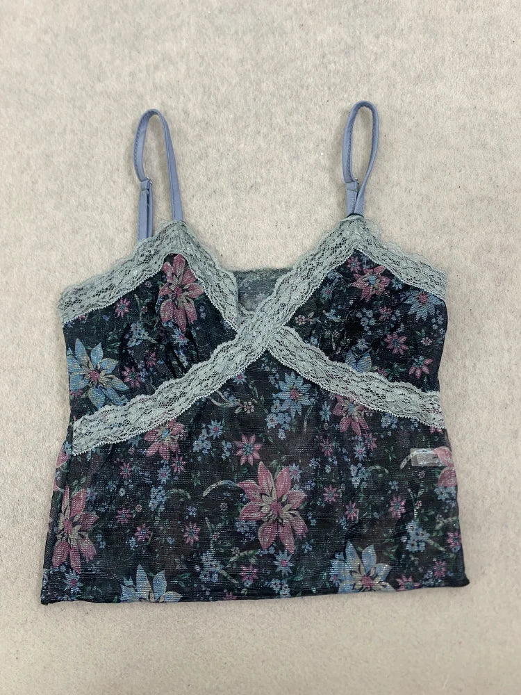 Summer women's retro floral vest with lace trim, V-neck adjustable sexy short vest, suitable for daily street casual Y2K vest