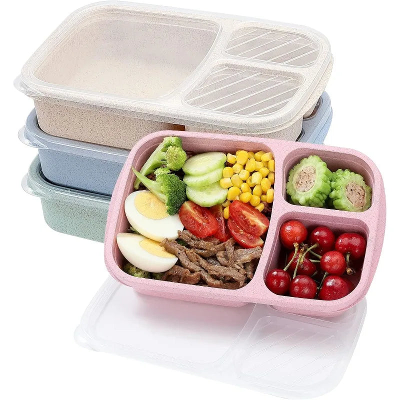 1pcs Lunch Box 3 Compartments Wheat Straw Rice Preparation Lunch Box with Transparent Plastic Cover Food Storage Container