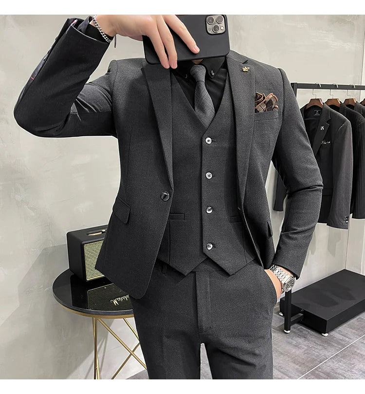 Blazer Vest Pants Men's Navy Blue Suit Set Slim Fit Blazer Vest Pants Formal Outfit for Business Wedding Office Groom Party