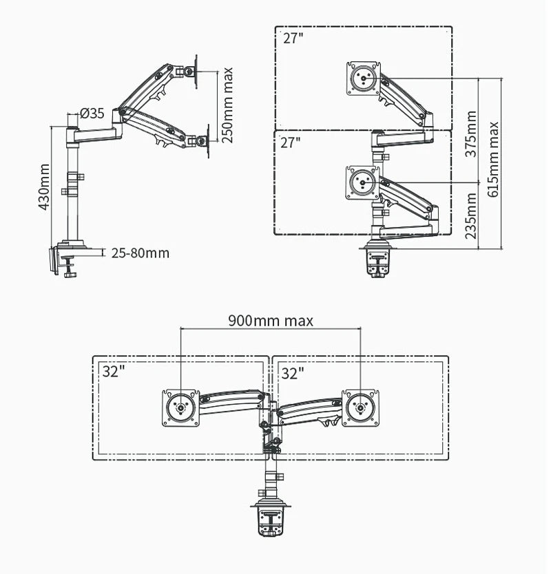 NB H180 FP-2 17"-27" LCD TV monitor desk Holder +10"-17" laptop notebook mount Gas Spring Full Motion 2-12kg dual arm clamp hole