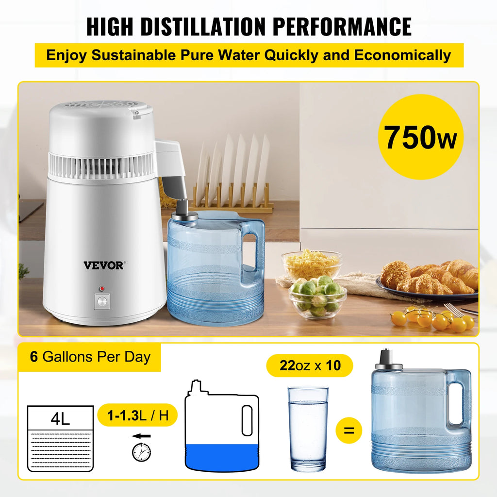 SucceBuy 4L Water Distiller Purifier Filter Dispenser Heating Drinking Bottle Softener 304 Stainless Home Appliance for Office
