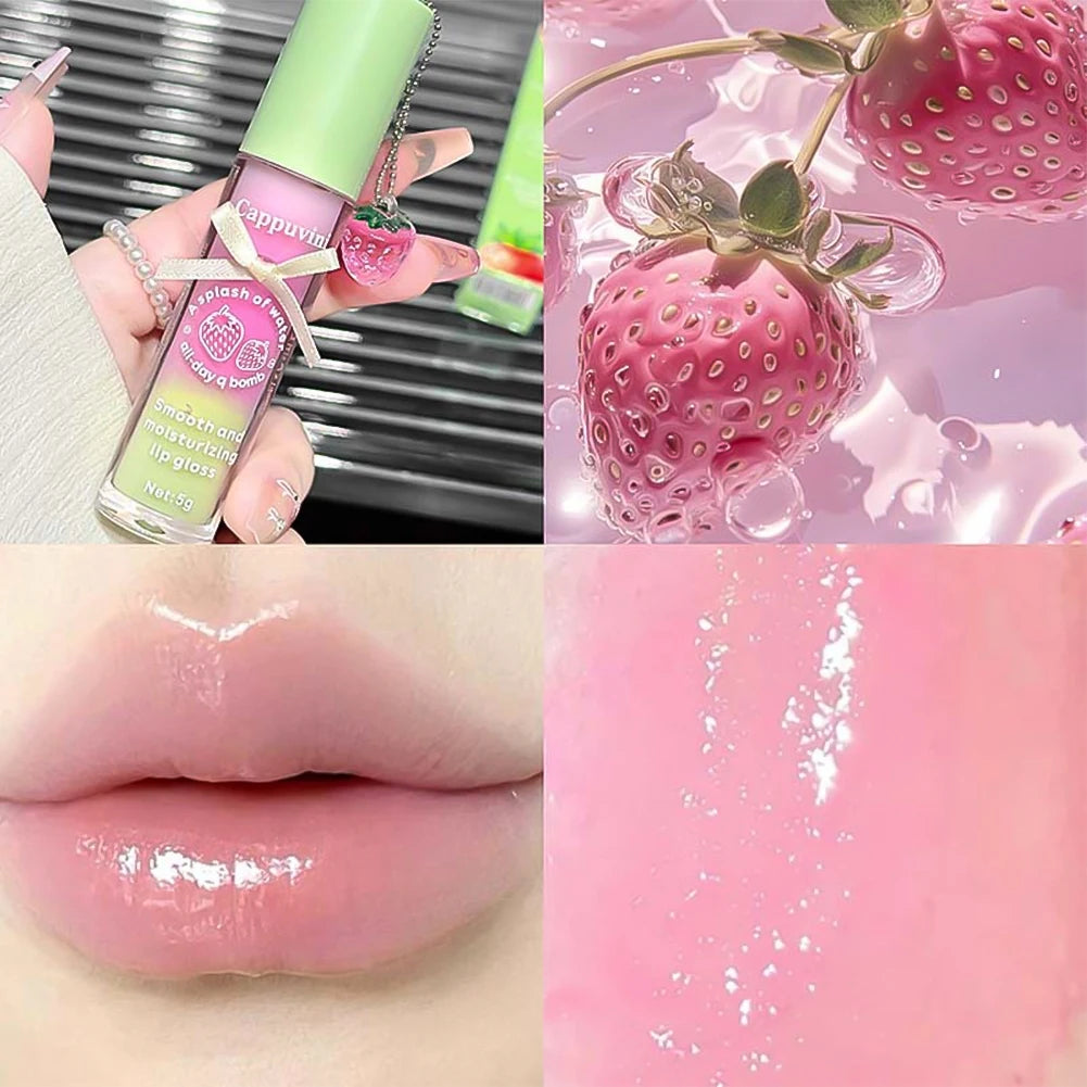 Strawberry Gradient Lip Gloss Hydrating Glass Water Shine Plumping Lip Oil Non-sticky Clear Pink Juicy Lip Tint Daily Lip Makeup