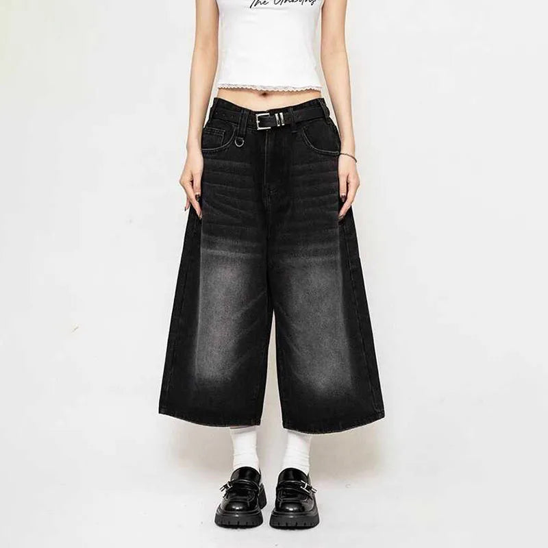 High Waist Black Retro Washed Denim Shorts Women's Harajuku Vintage Fashion Casual Loose Y2K Streetwear Mid Long Wide Leg Pants