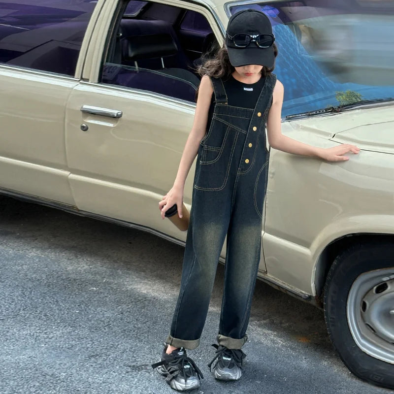 Elegant Children Jeans Jumpsuit with Broken Holes For Girls Fashion Overalls Streetwear Kids Denim Suspenders Pants With Strap