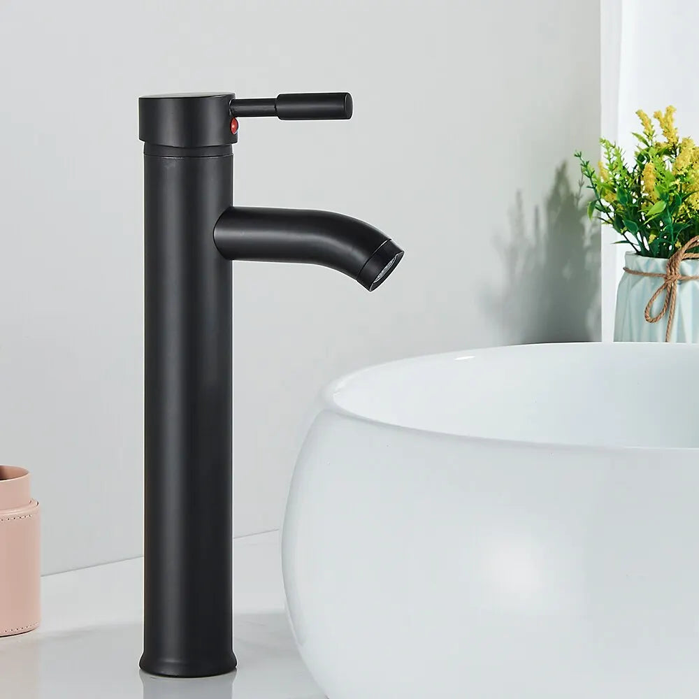 Matte Black Bathroom Faucet Minimalist Hot Cold Water Sink Mixer Tap Deck Mount Stainless Steel Basin Faucet Single Hole Tapware