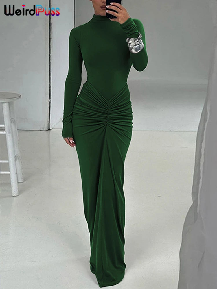 Weird Puss Hipster Ruched Dress Women O-Neck Full Sleeve Skinny Stretch Robe Autumn Trend Simple Classic Pleats Long Bodycon